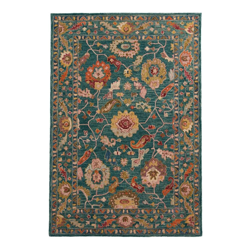 World Market Raya Teal And Multicolor Floral Wool Area Rug