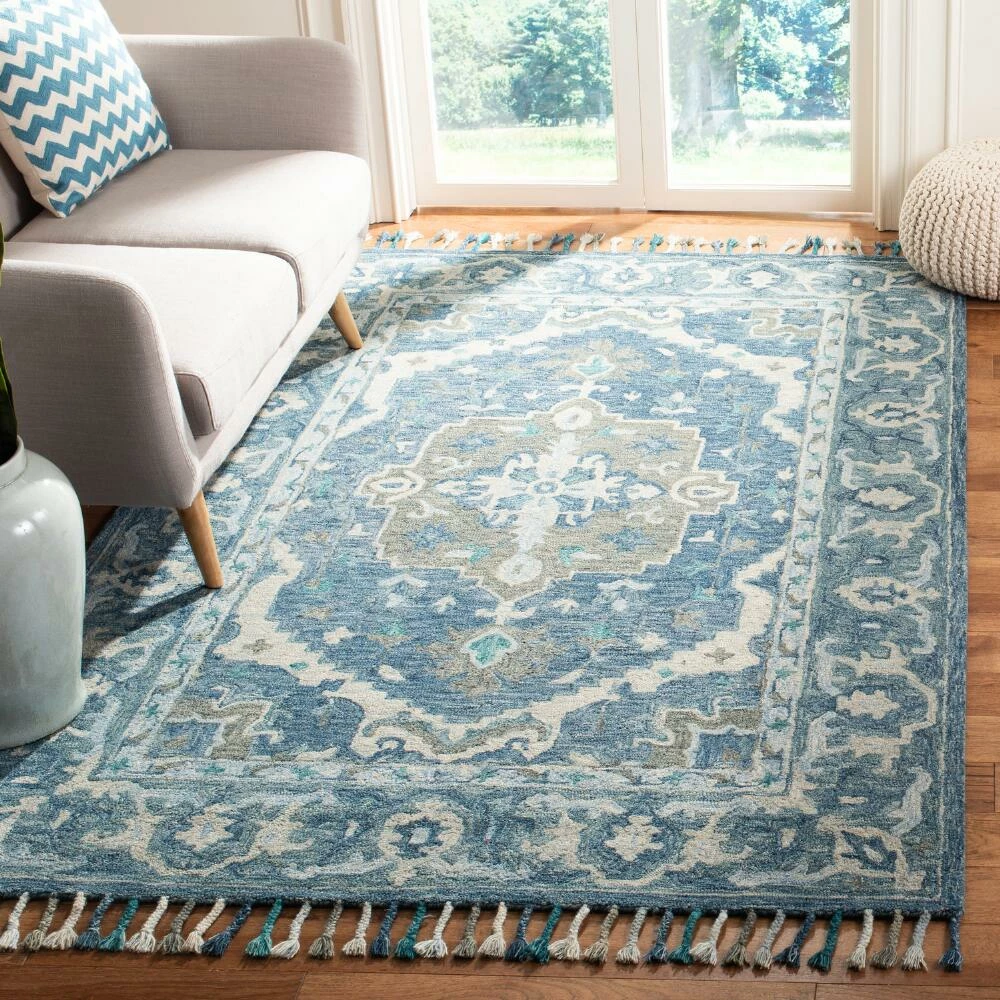 World Market Blue And Gray Floral Medallion Wool Lorena Area Rug - Image 6