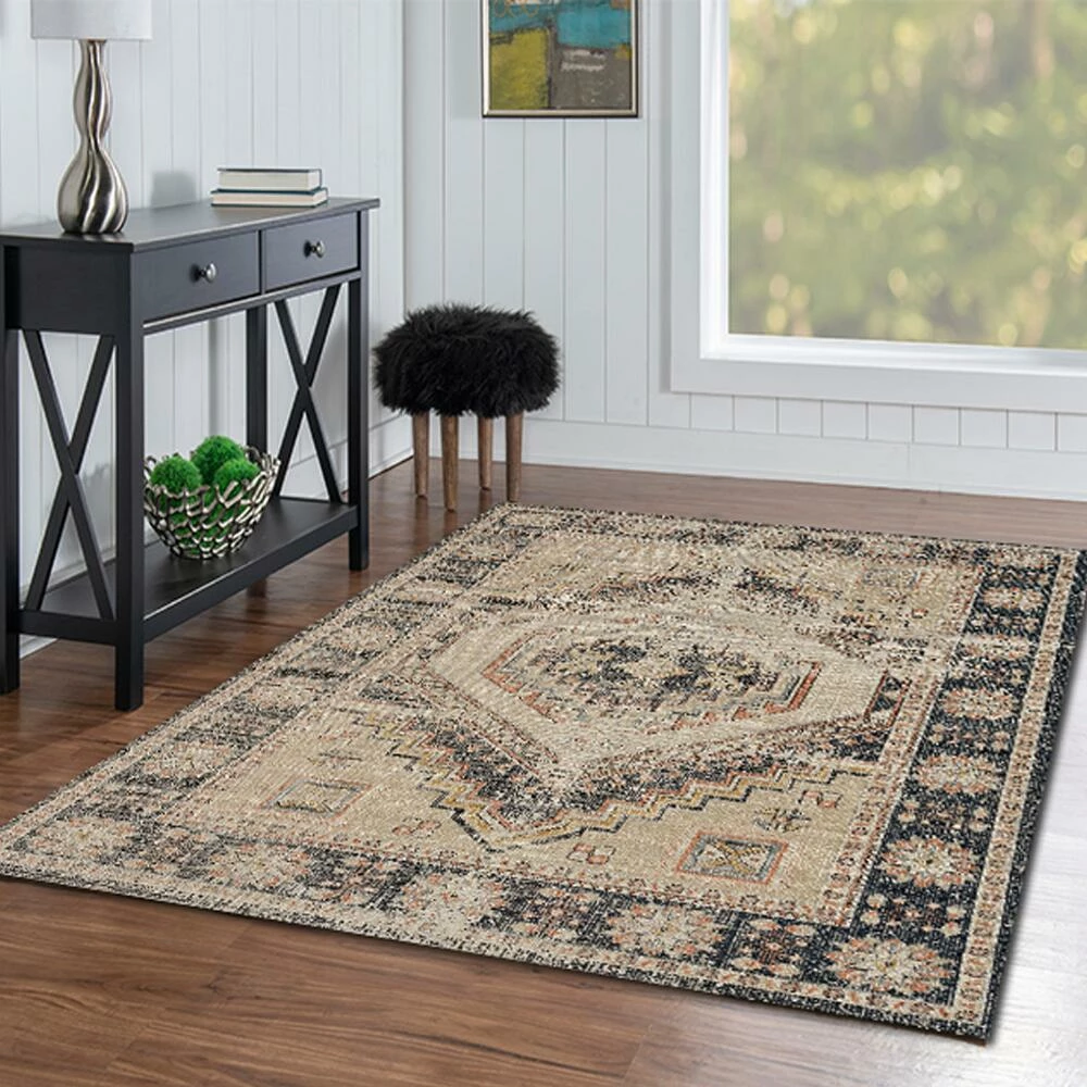 World Market Distressed Ivory and Navy Medallion Mesa Area Rug - Image 2