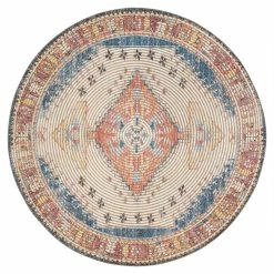 World Market Round Ivory and Red Distressed Jute Blend Beso Area Rug