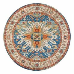 World Market Round Blue and Orange Distressed Jute Blend Sahand Area Rug