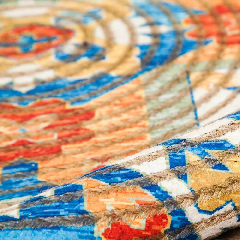 World Market Round Blue and Orange Distressed Jute Blend Sahand Area Rug - Image 3