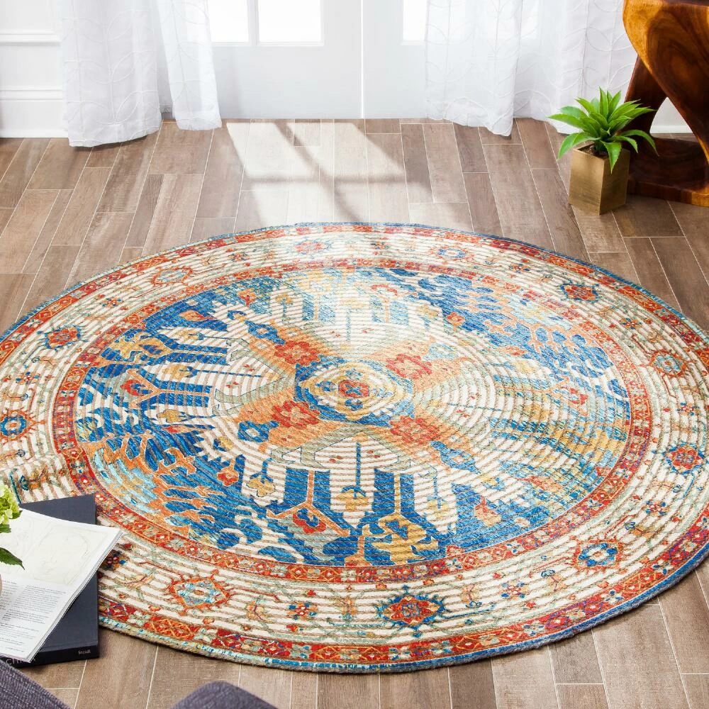 World Market Round Blue and Orange Distressed Jute Blend Sahand Area Rug - Image 4