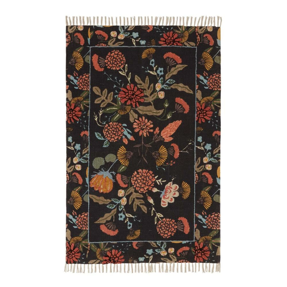 World Market Jaipur Black And Sage Floral Embroidered Cotton Area Rug